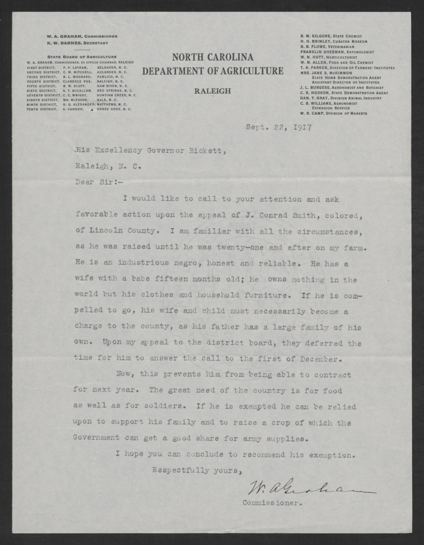 Letter from William A. Graham to Thomas W. Bickett, September 22, 1917