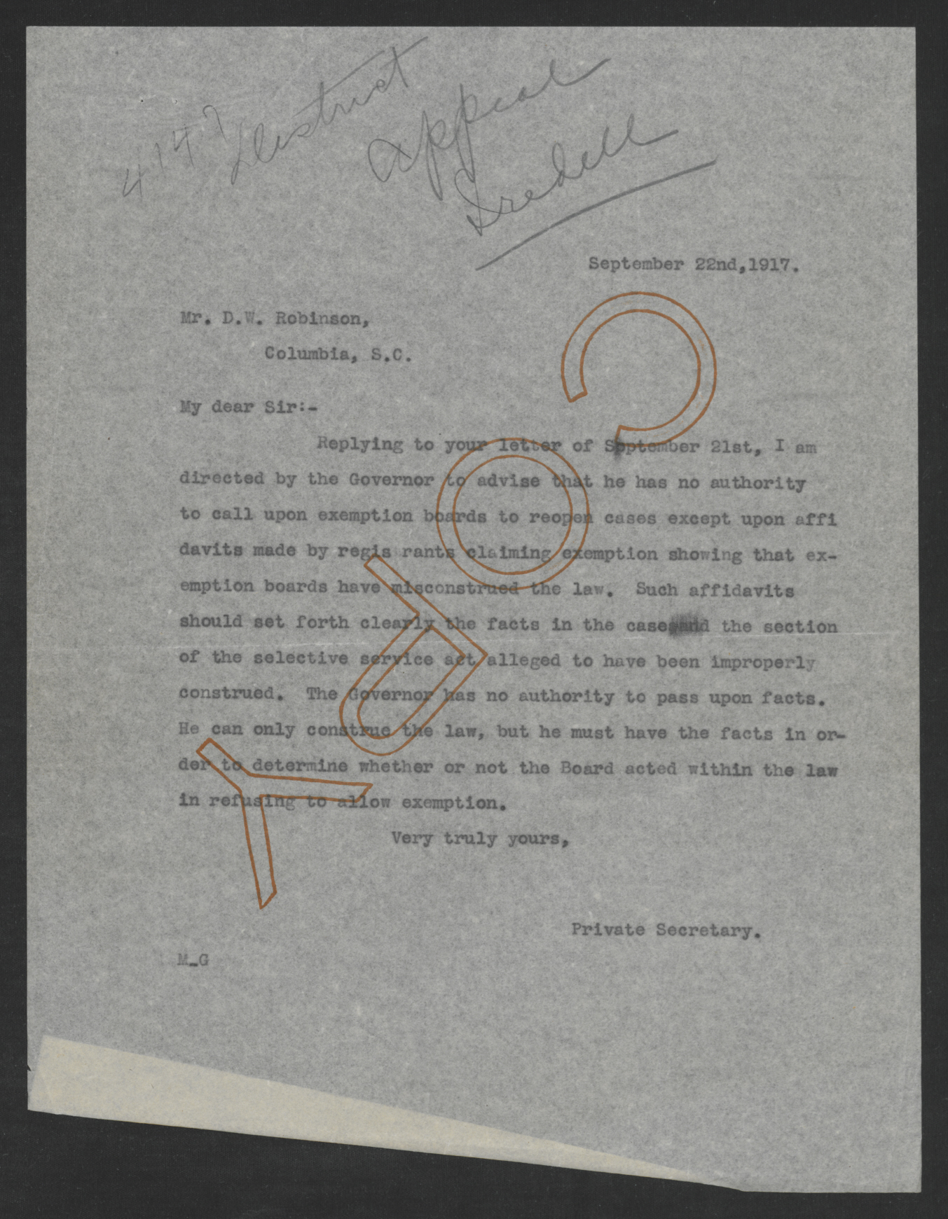 Letter from Santford Martin to David W. Robinson, September 22, 1917