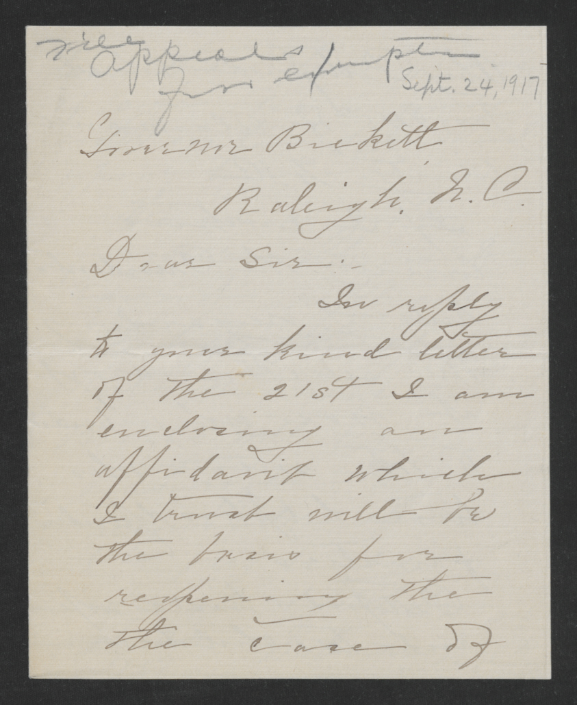 Letter from Pattie O. V. White to Thomas W. Bickett, September 24, 1917, page 1