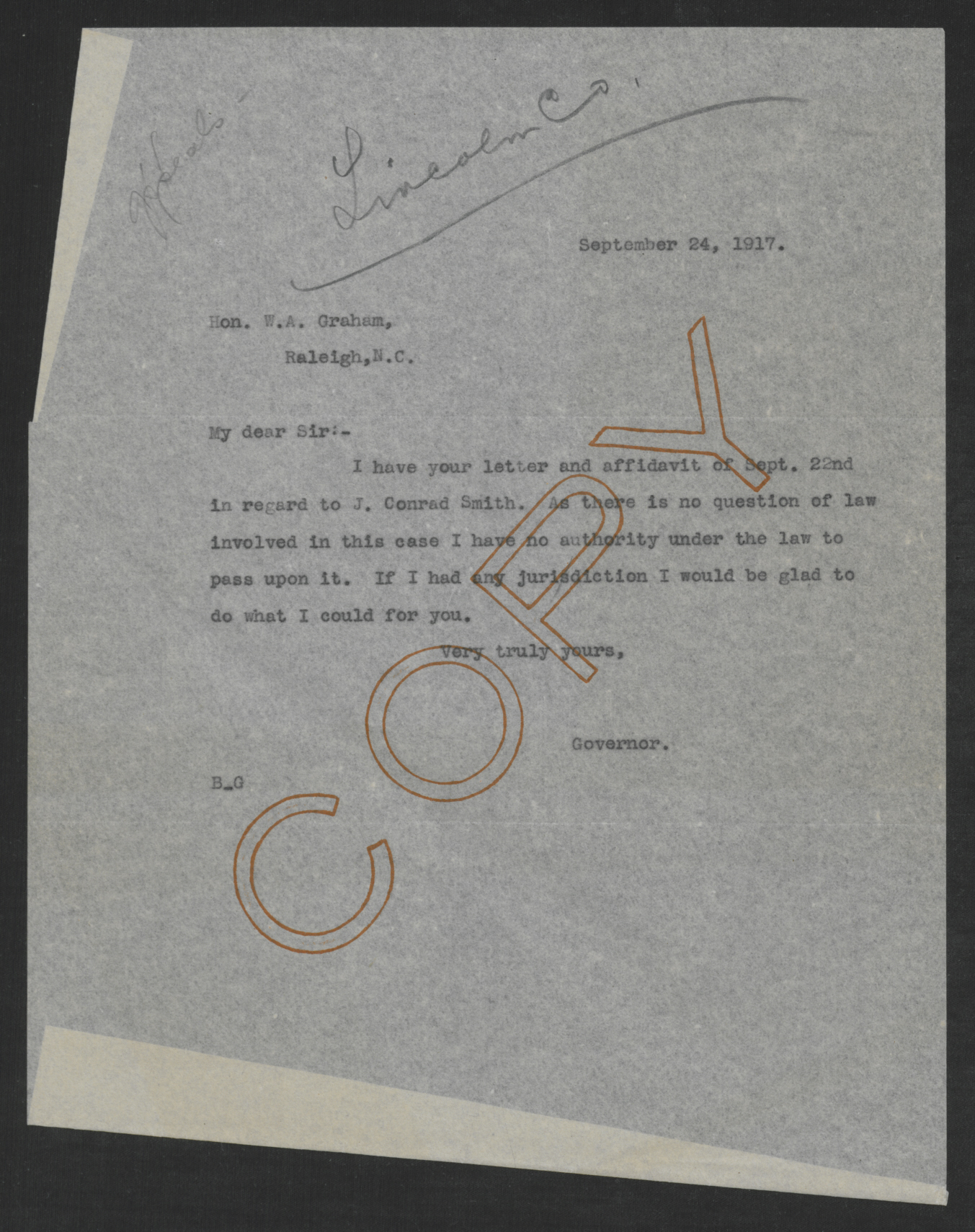Letter from Thomas W. Bickett to William A. Graham, September 24, 1917