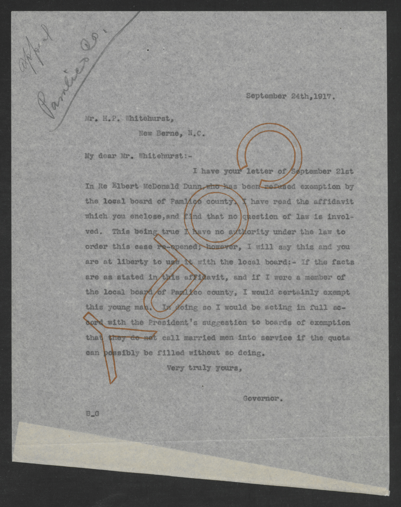 Letter from Thomas W. Bickett to Henry P. Whitehurst, September 24, 1917