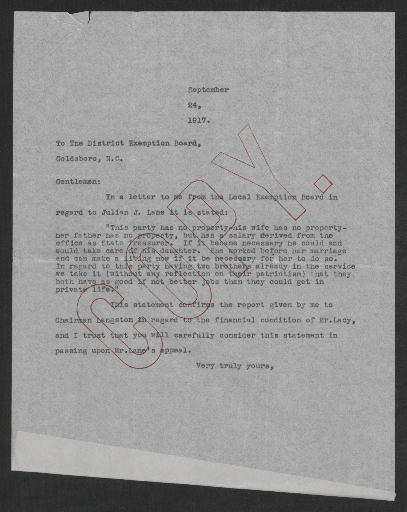Letter from Unknown to the District Exemption Board, September 24, 1917