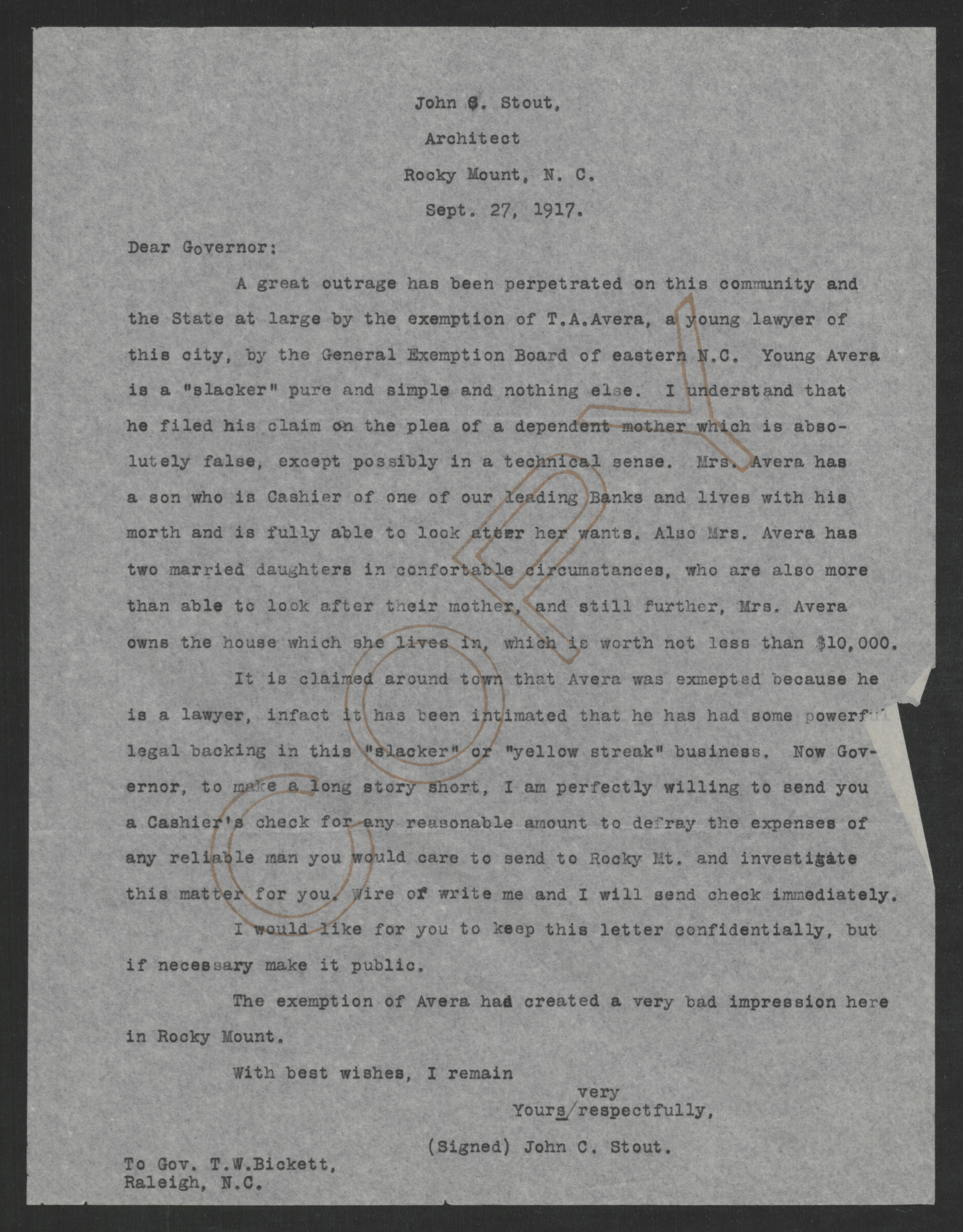 Letter from John C. Stout to Thomas W. Bickett, September 27, 1917