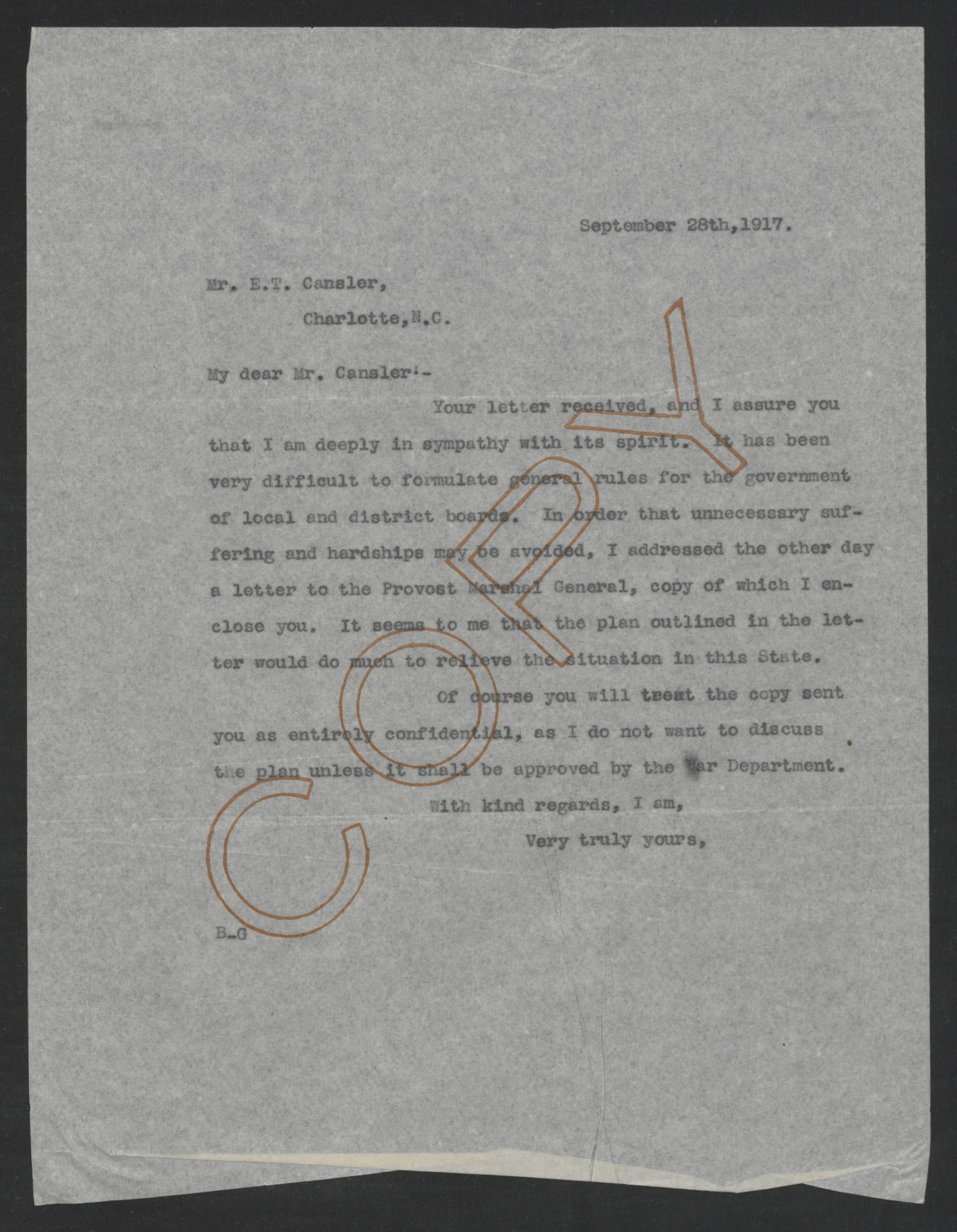 Letter from Thomas W. Bickett to Edwin T. Cansler, 28 September 1917