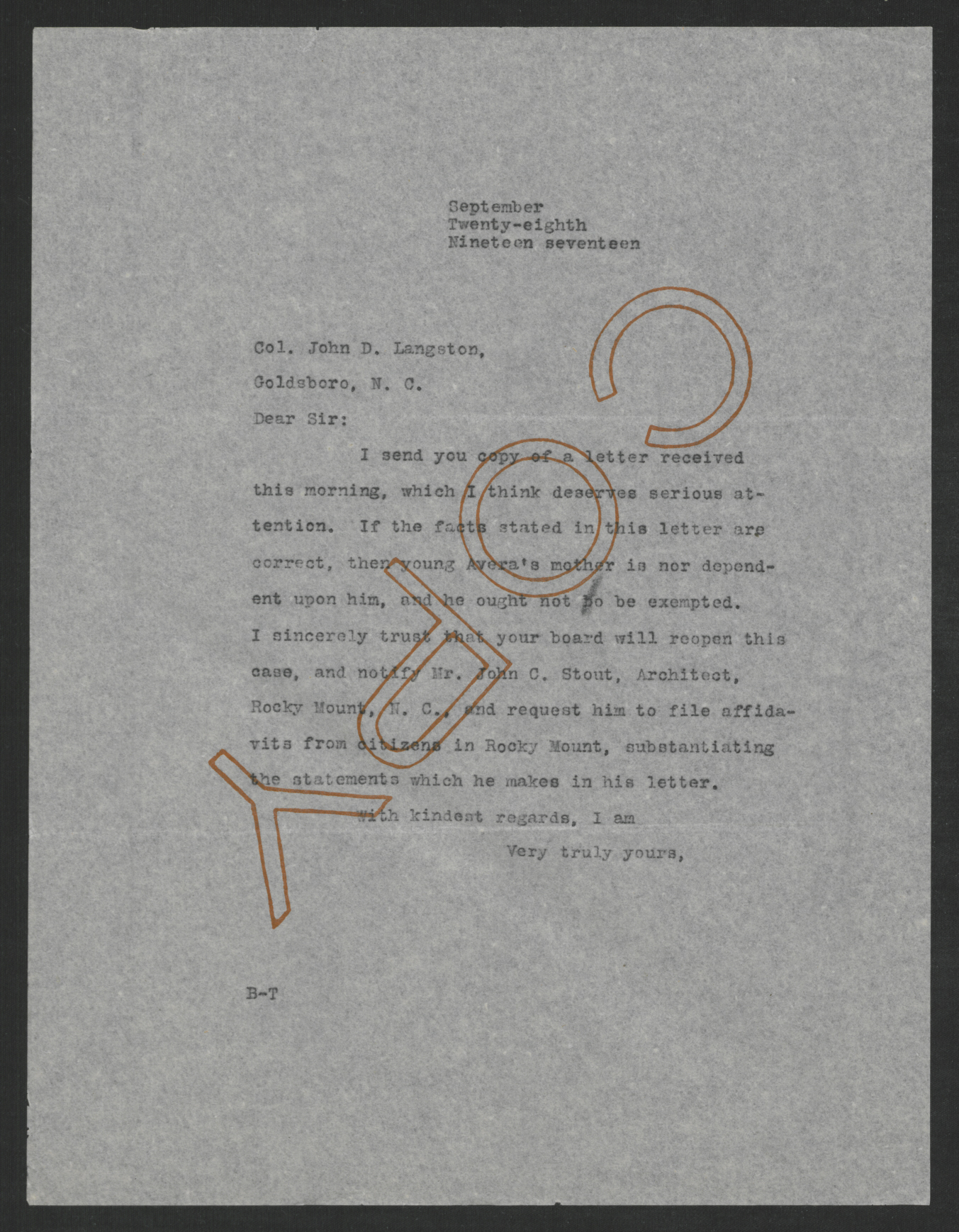 Letter from Thomas W. Bickett to John D. Langston, September 28, 1917