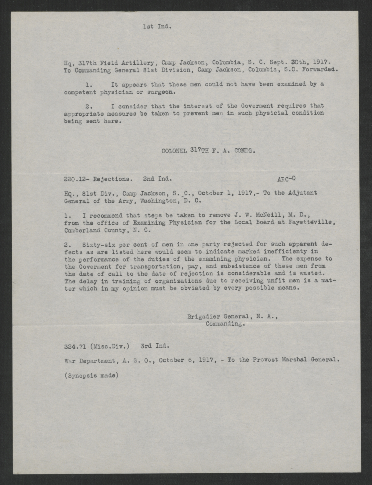 Report Regarding Medical Deficiencies of Cumberland County Inductees, September30 - October 6, 1917, page 1