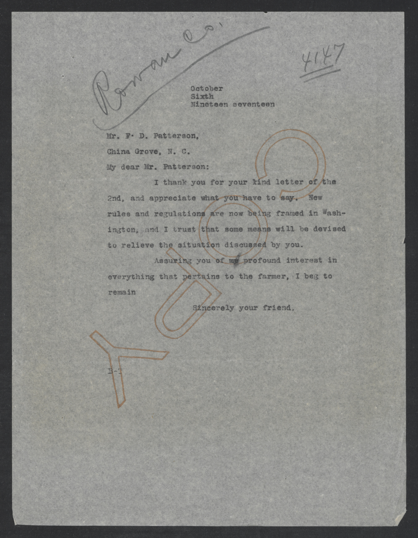 Letter from Thomas W. Bickett to Franklin D. Patterson, October 6, 1917
