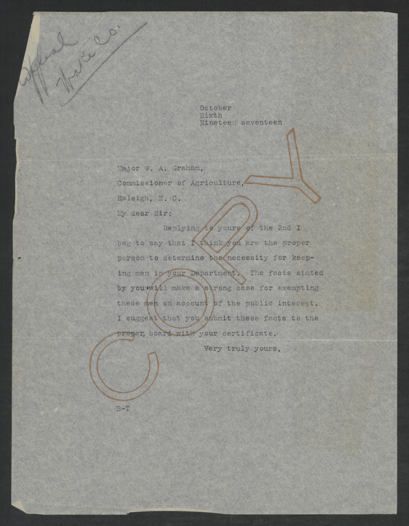 Letter from Thomas W. Bickett to William A. Graham, October 6, 1917