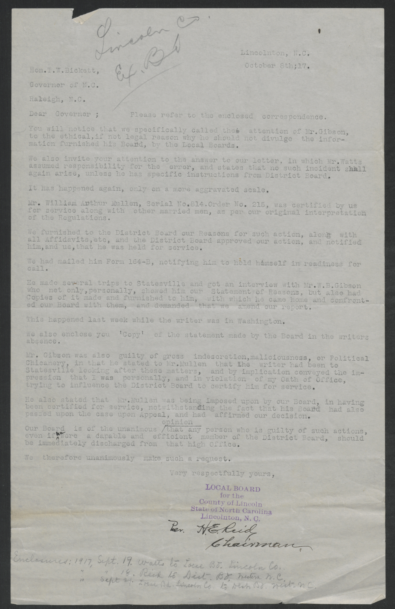 Letter from Harry E. Reid to Thomas W. Bickett, October 8, 1917