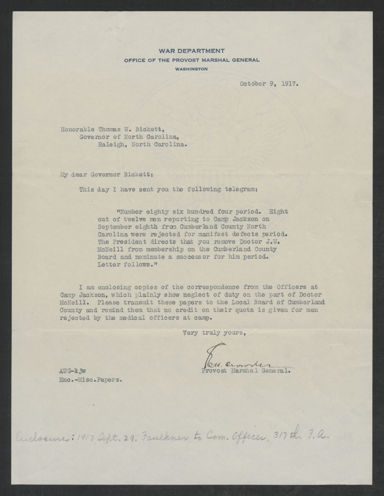 Letter Enoch H. Crowder to Thomas W. Bickett, October 9, 1917