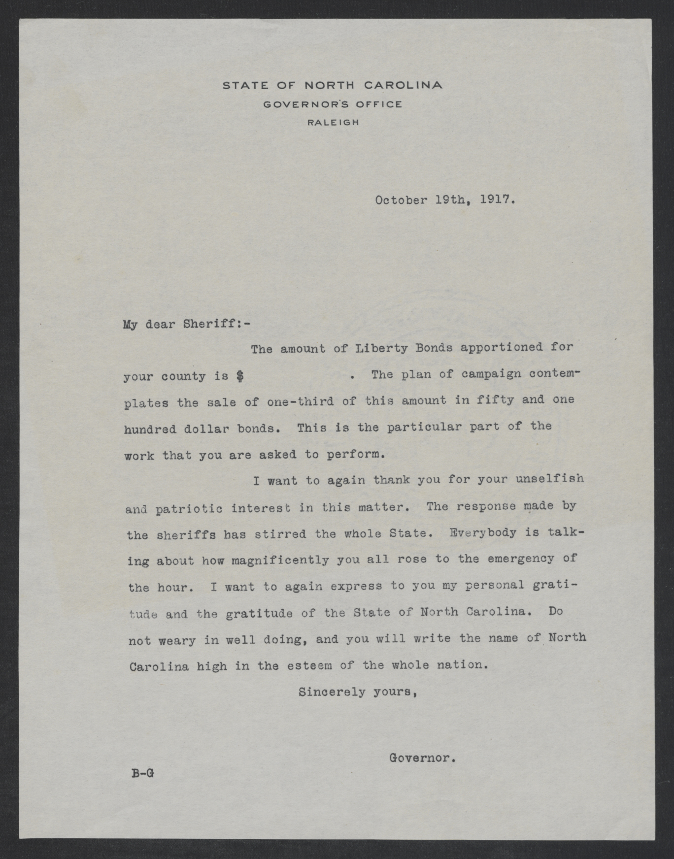 Letter from Thomas W. Bickett to the Sheriffs of North Carolina, October 19, 1917
