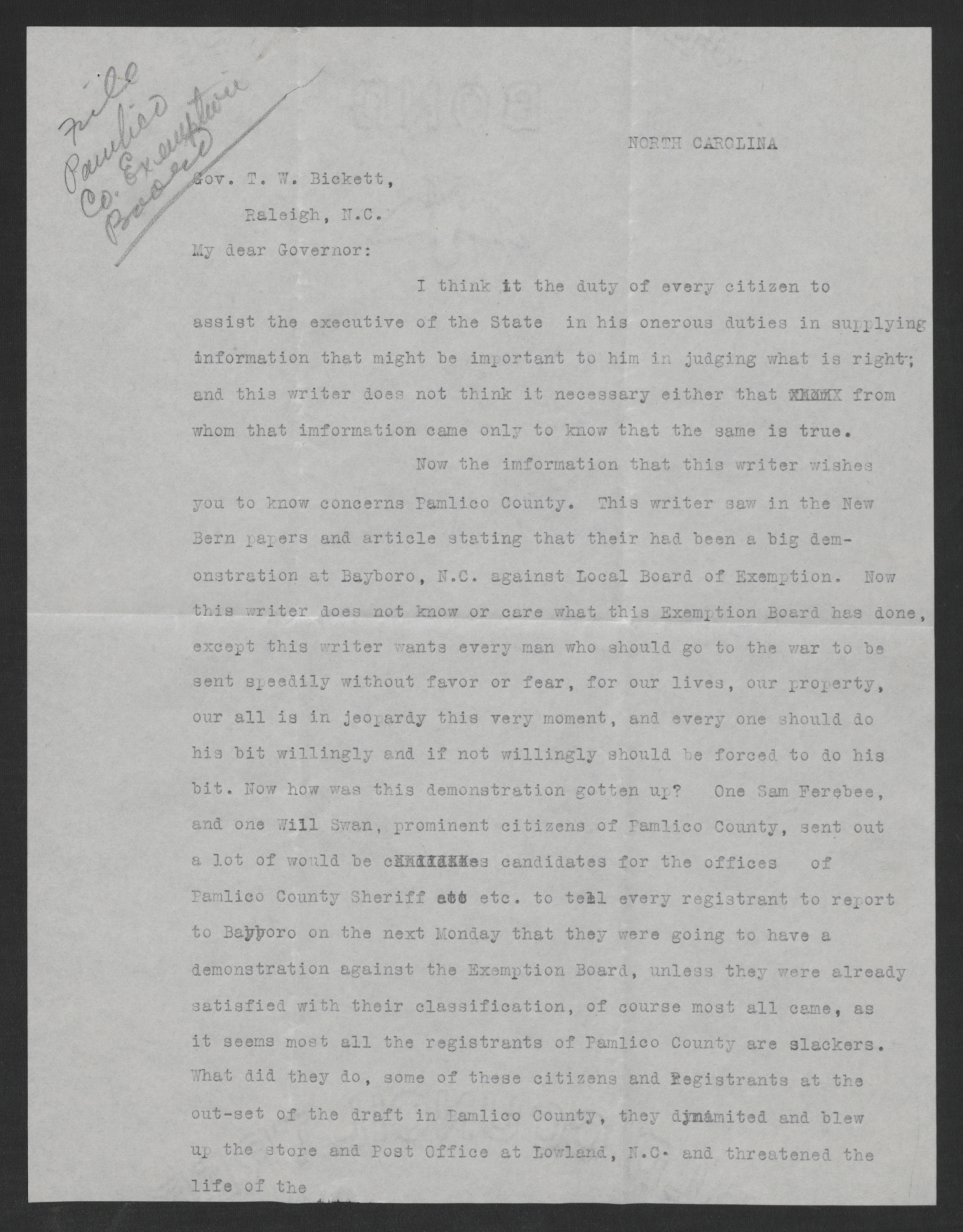 Letter from Unknown Author to Thomas W. Bickett, Undated, page 1