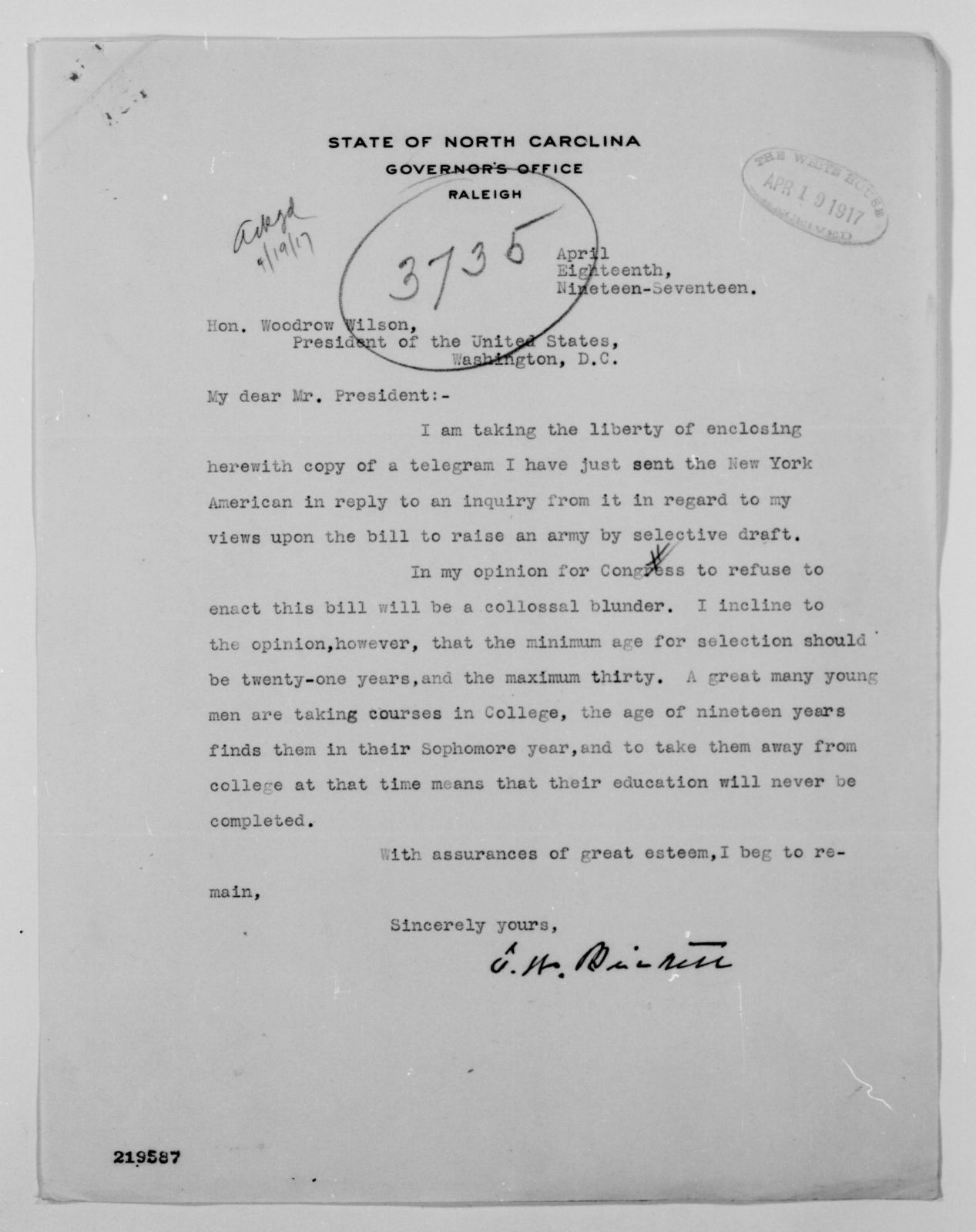 Letter from Thomas W. Bickett to Woodrow Wilson, April 18, 1917