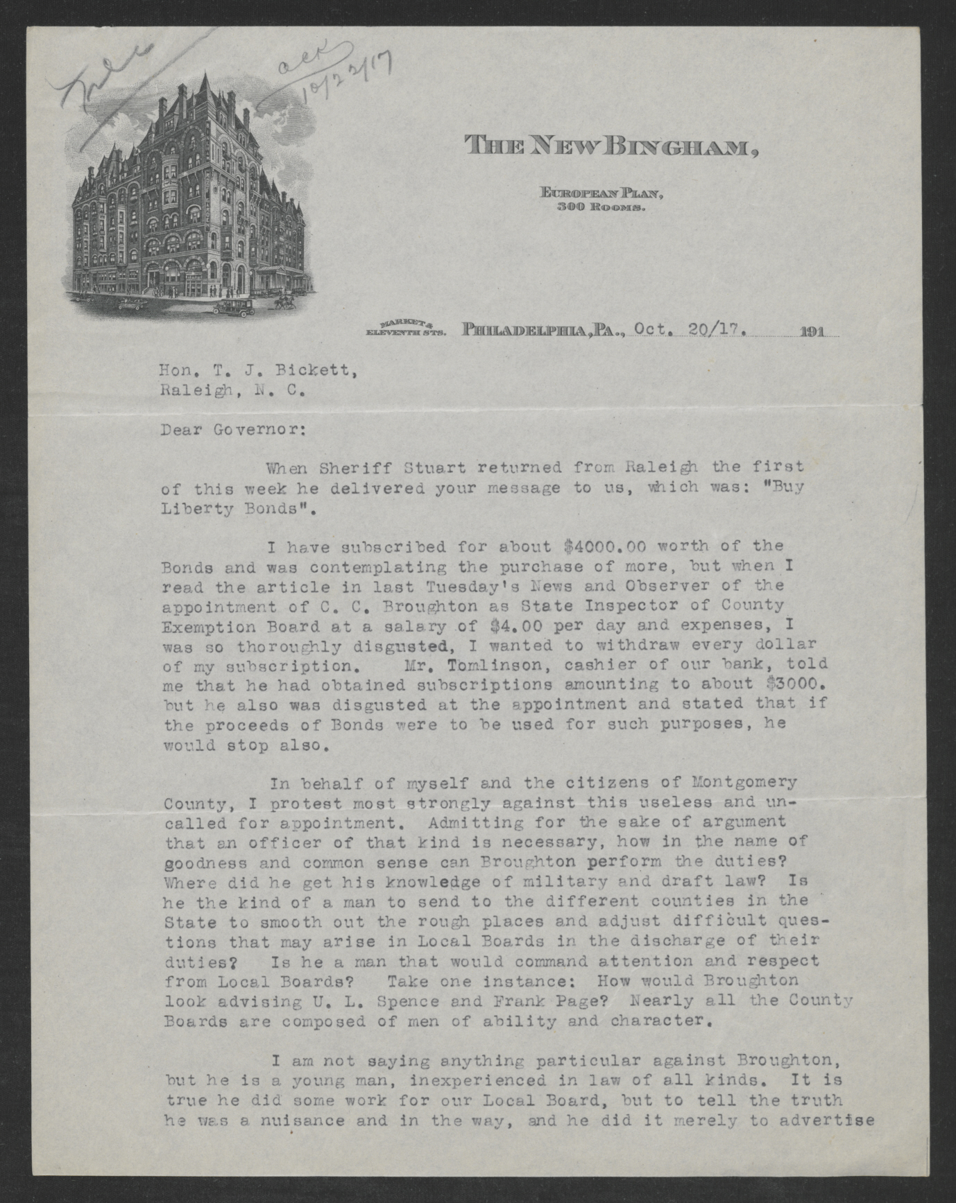 Letter from Charles A. Armstrong to Thomas W. Bickett, October 20, 1917, page 1