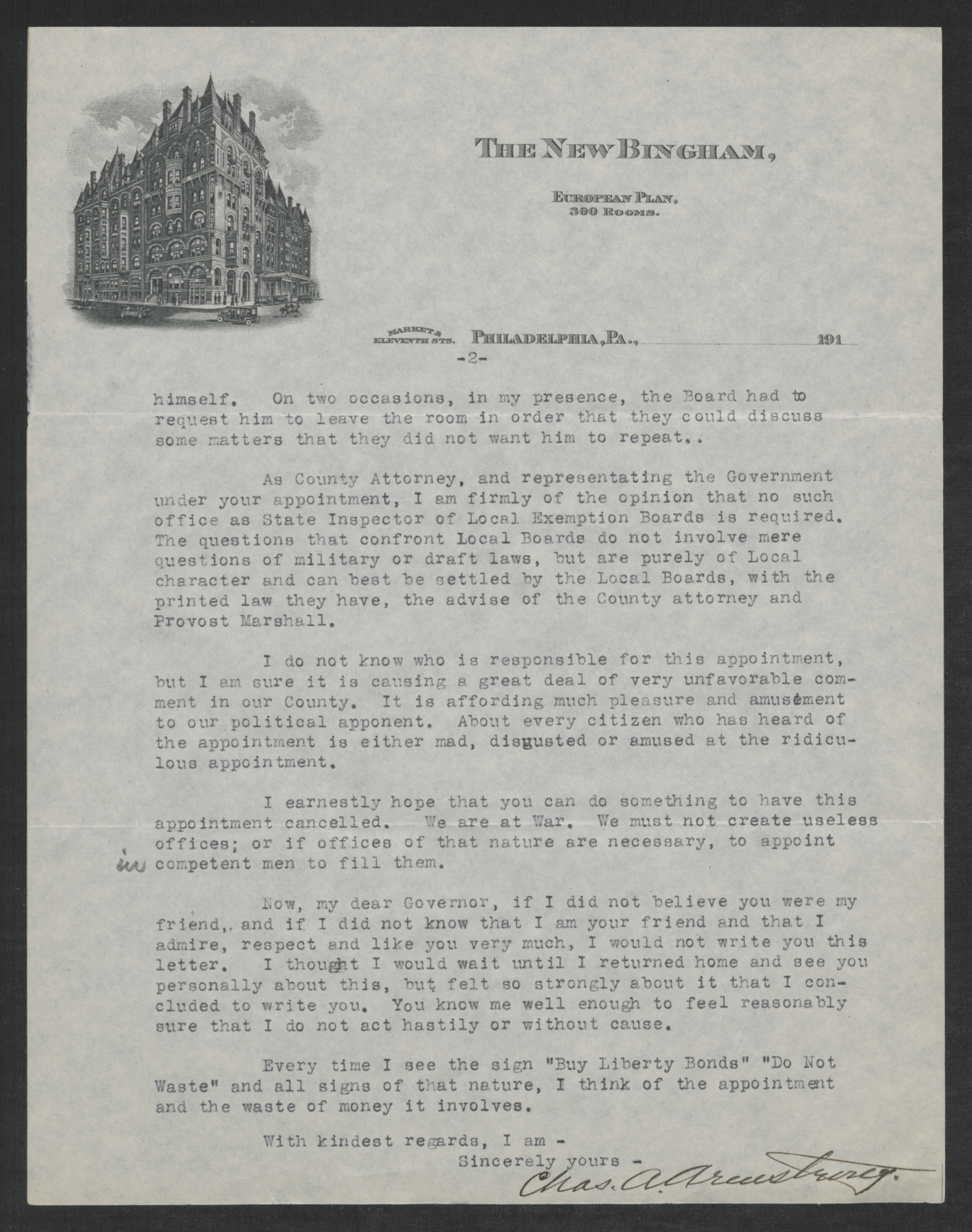 Letter from Charles A. Armstrong to Thomas W. Bickett, October 20, 1917, page 2