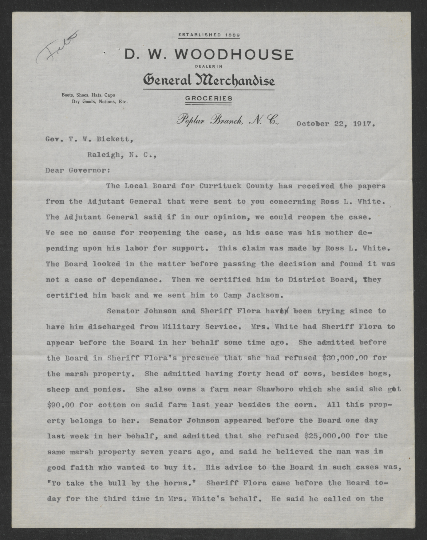 Letter from Daniel W. Woodhouse to Thomas W. Bickett, October 22, 1917, page 1