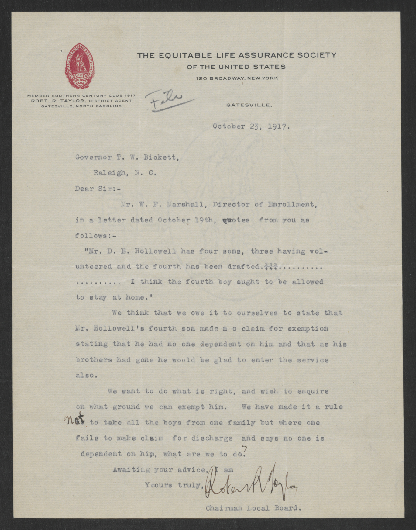 Letter from Robert R. Taylor to Thomas W. Bickett, October 23, 1917