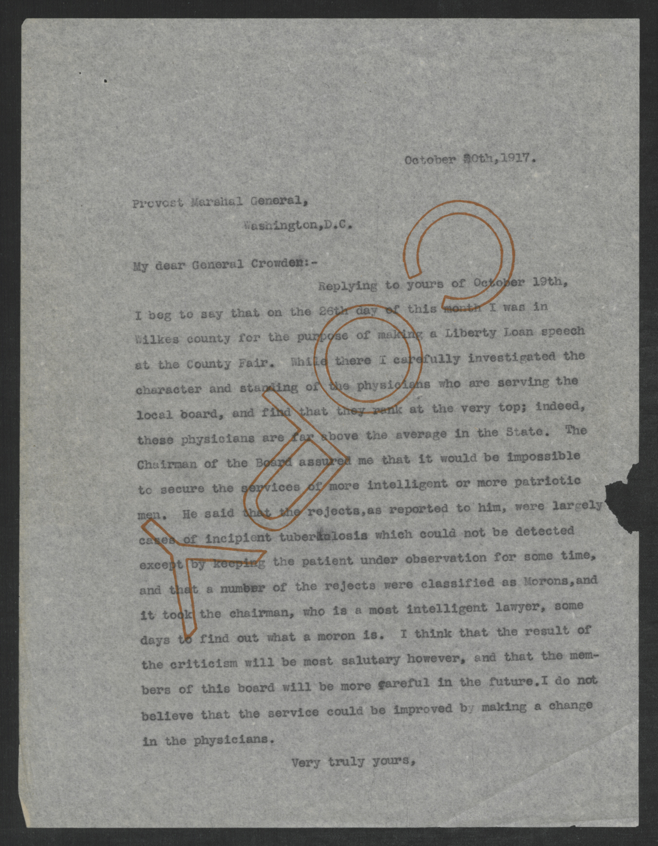 Letter from Thomas W. Bickett to Enoch H. Crowder, October 30, 1917