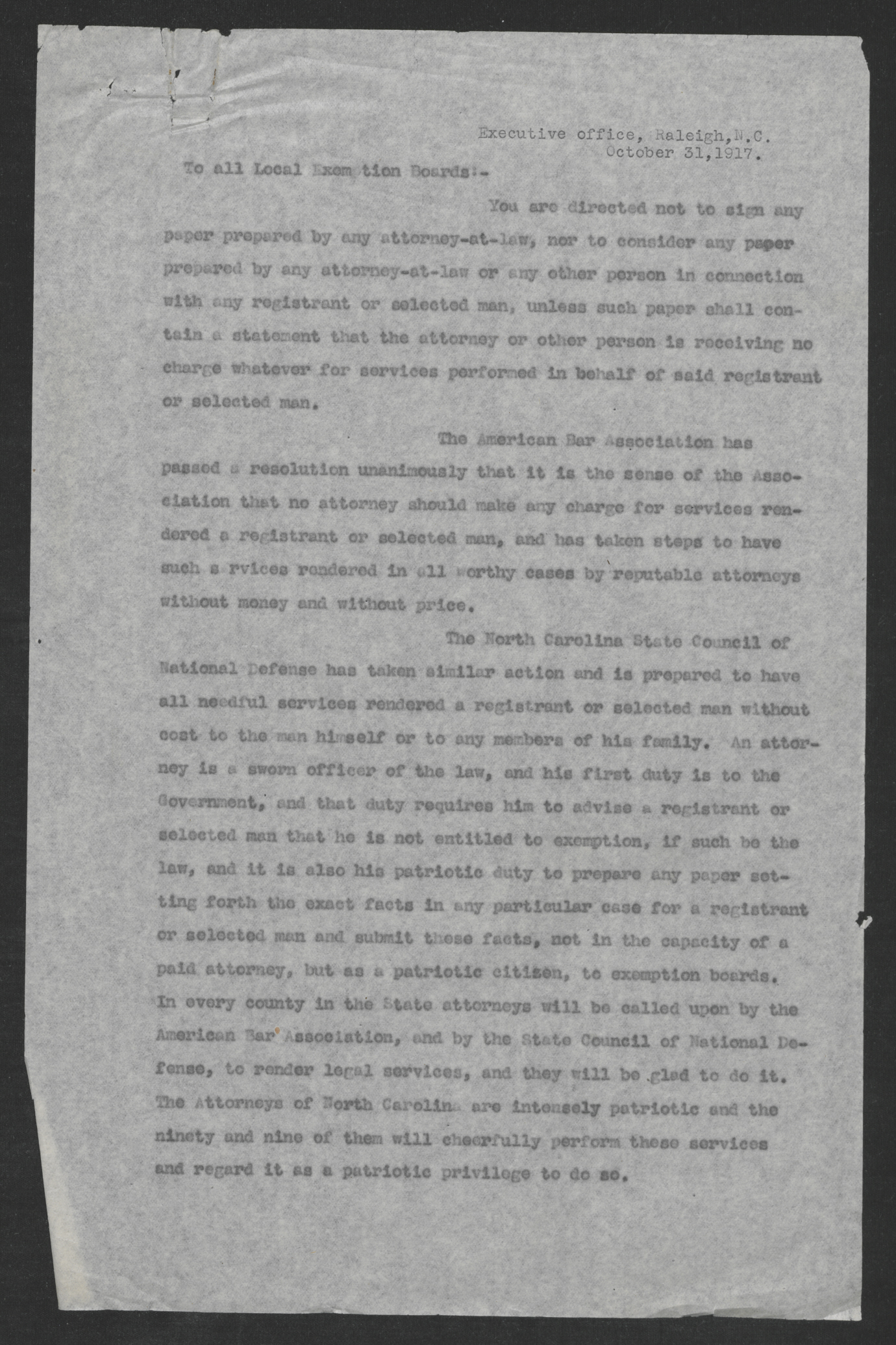 Letter from Thomas W. Bickett to All Local Exemption Boards, October 31, 1917, page 1