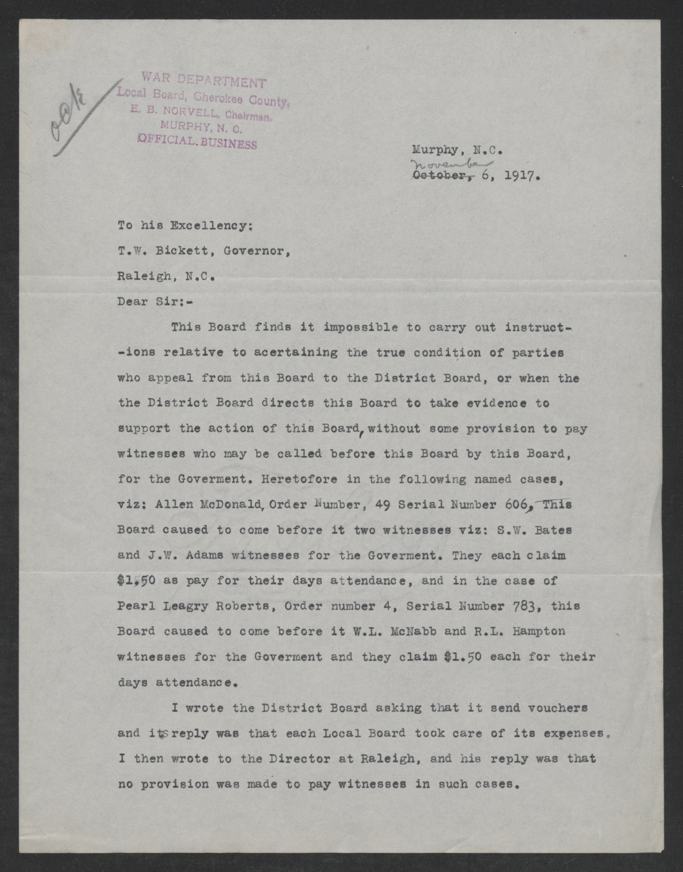 Letter from Edmund B. Norvell to Thomas W. Bickett, November 6, 1917, page 1