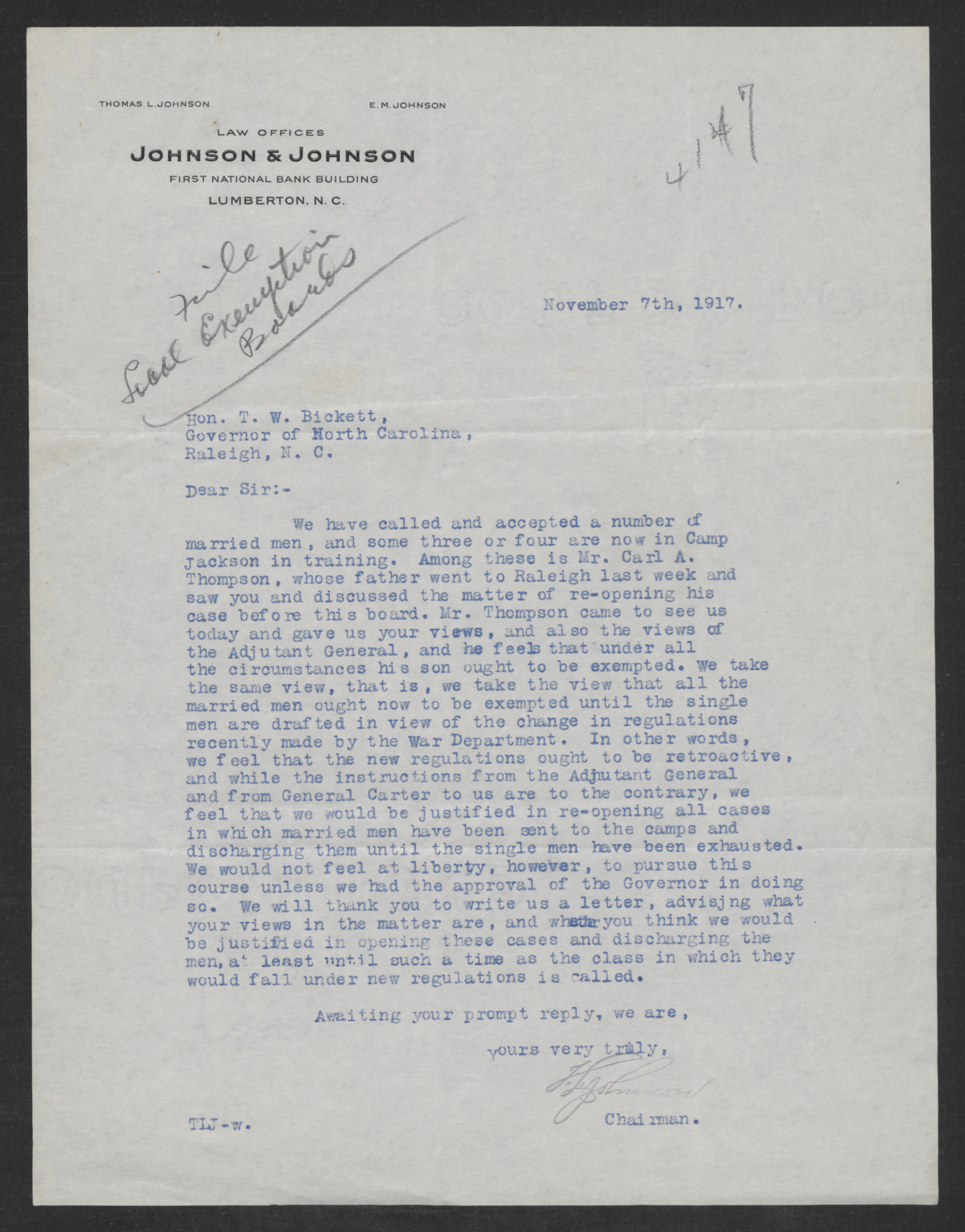 Letter from Thomas L. Johnson to Thomas W. Bickett, November 7, 1917