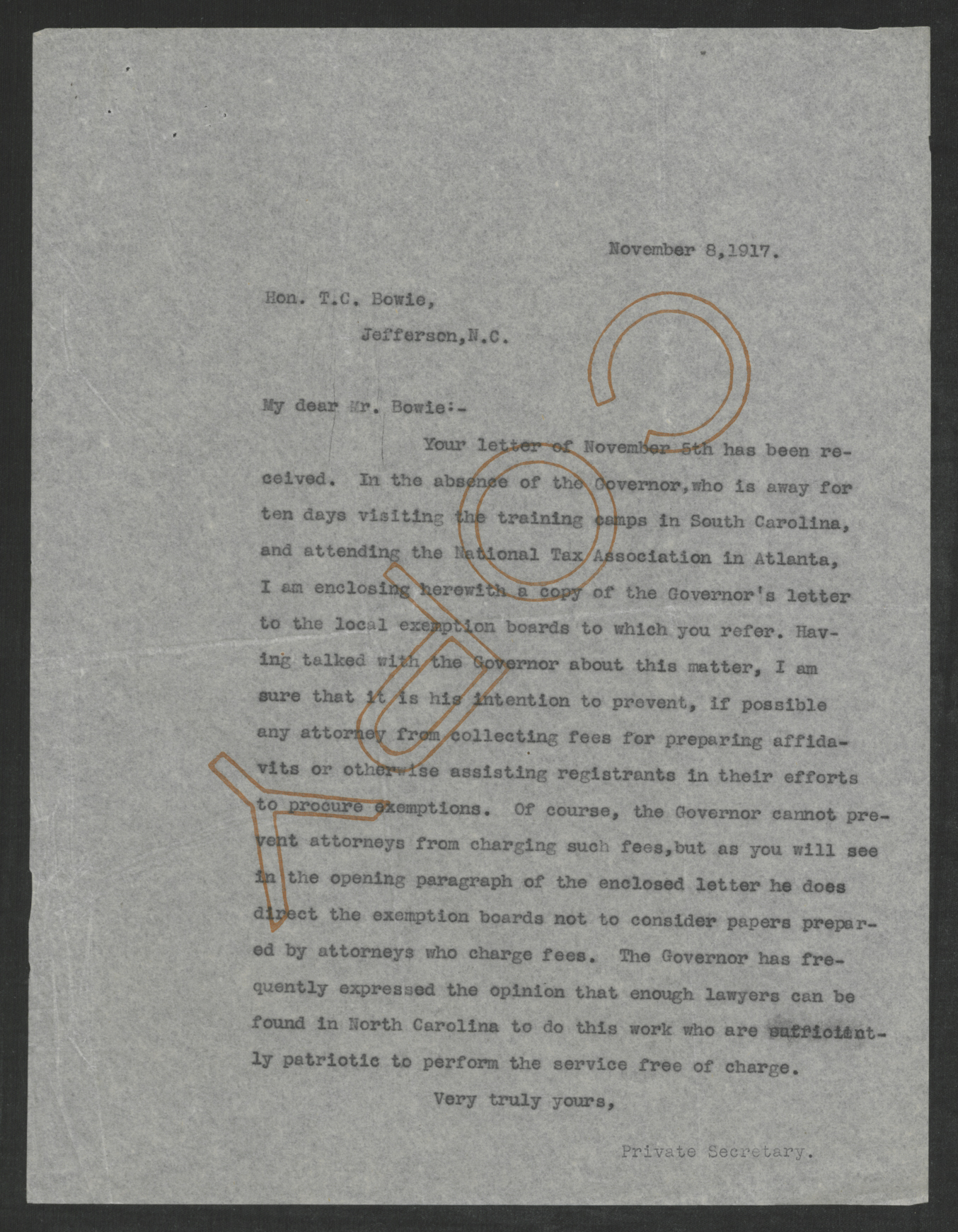 Letter from Santford Martin to Thomas C. Bowie, November 8, 1917