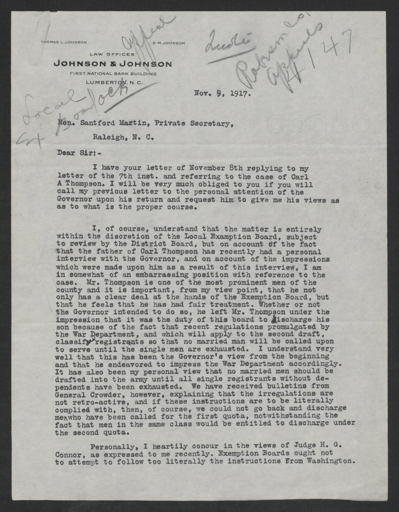 Letter from Thomas L. Johnson to Santford Martin, November 9, 1917, page 1