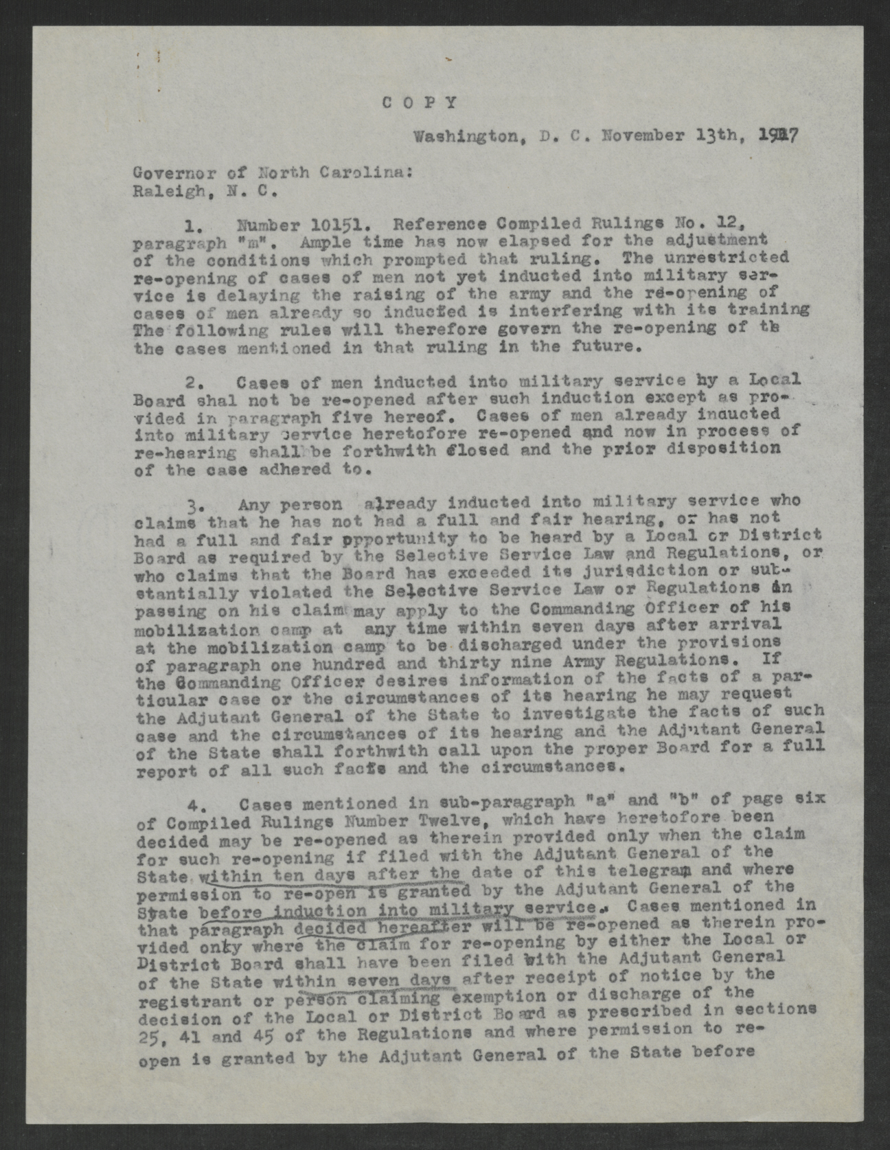 Letter from Enoch H. Crowder to Thomas W. Bickett, November 13, 1917, page 1