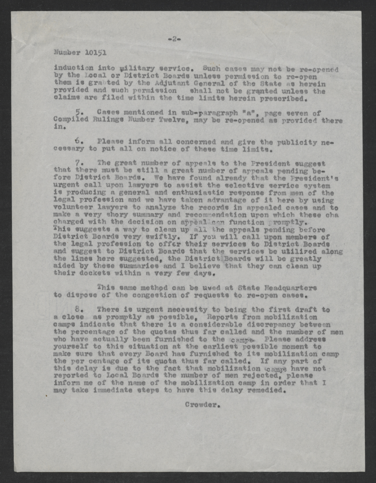 Letter from Enoch H. Crowder to Thomas W. Bickett, November 13, 1917, page 2