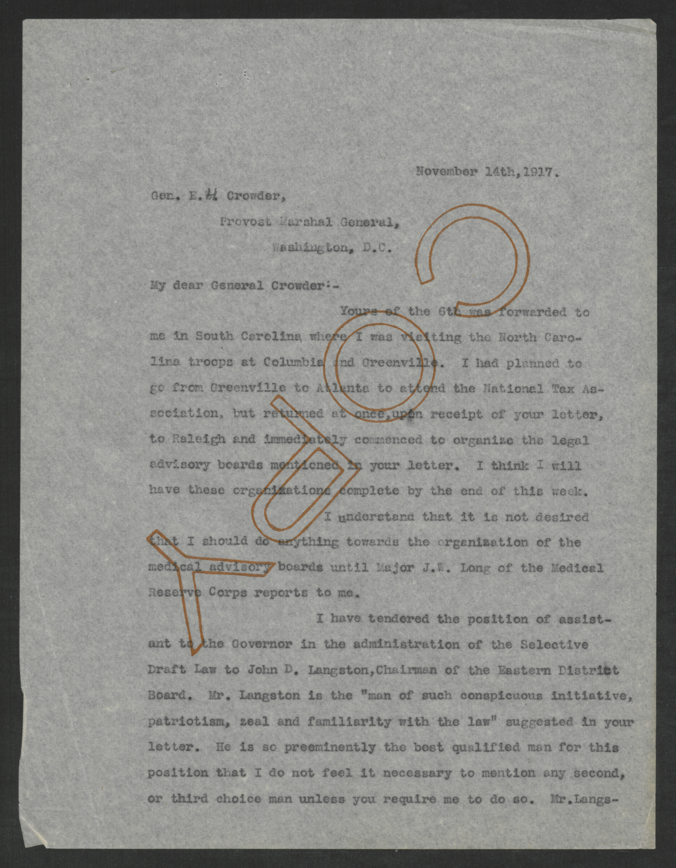 Letter from Thomas W. Bickett to Enoch H. Crowder, November 14, 1917, page 1