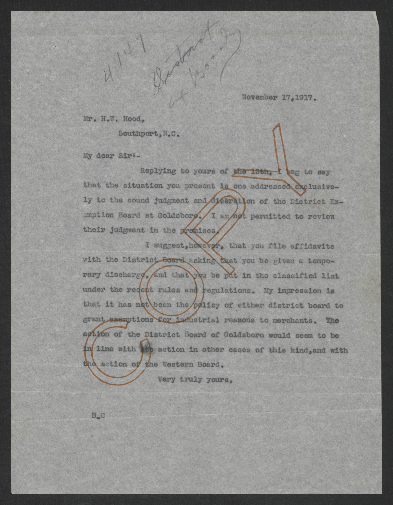 Letter from Thomas W. Bickett to Henry W. Hood, Jr., November 17, 1917