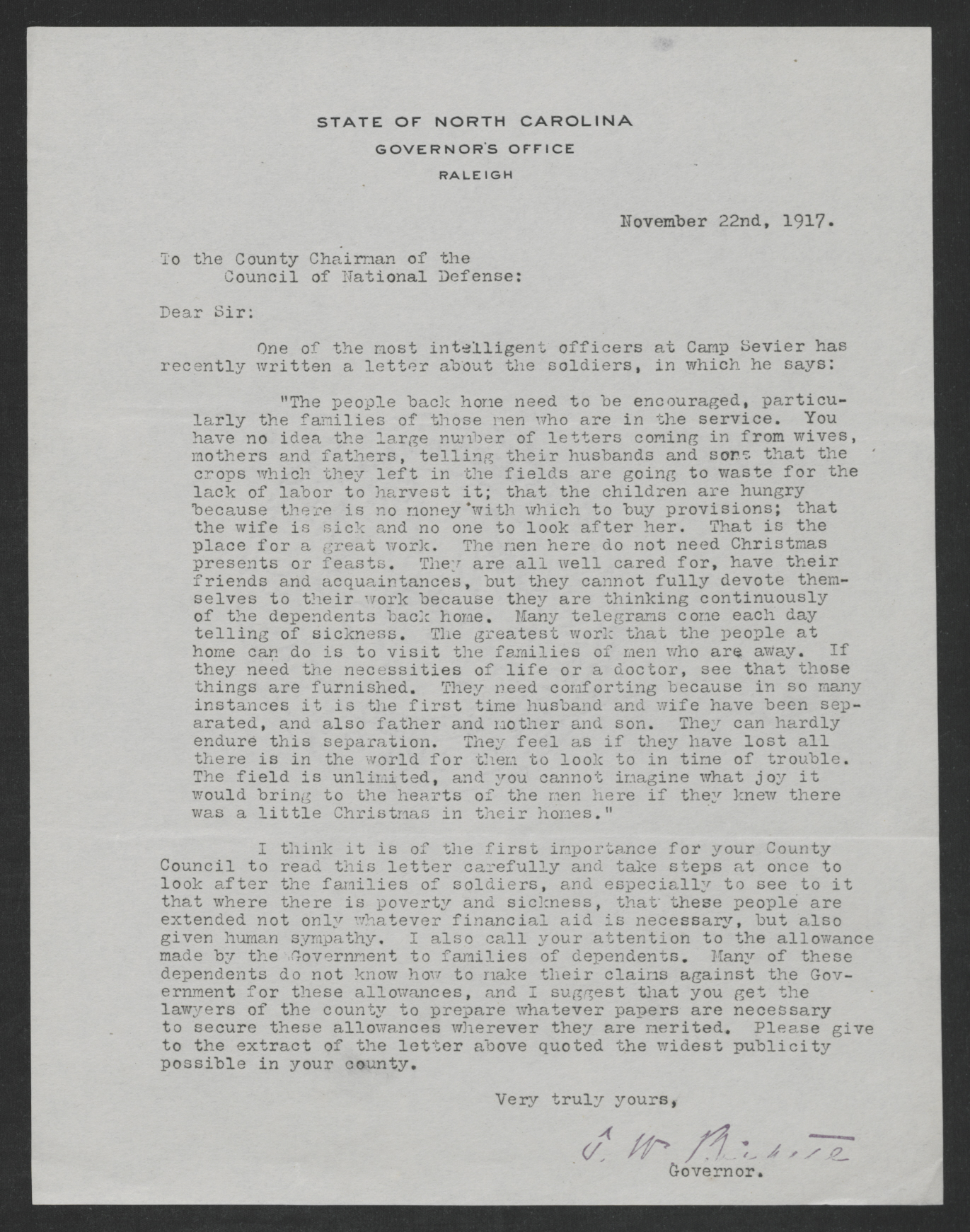 Letter from Thomas W. Bickett to the County Chairman of the Council of National Defense, November 22, 1917