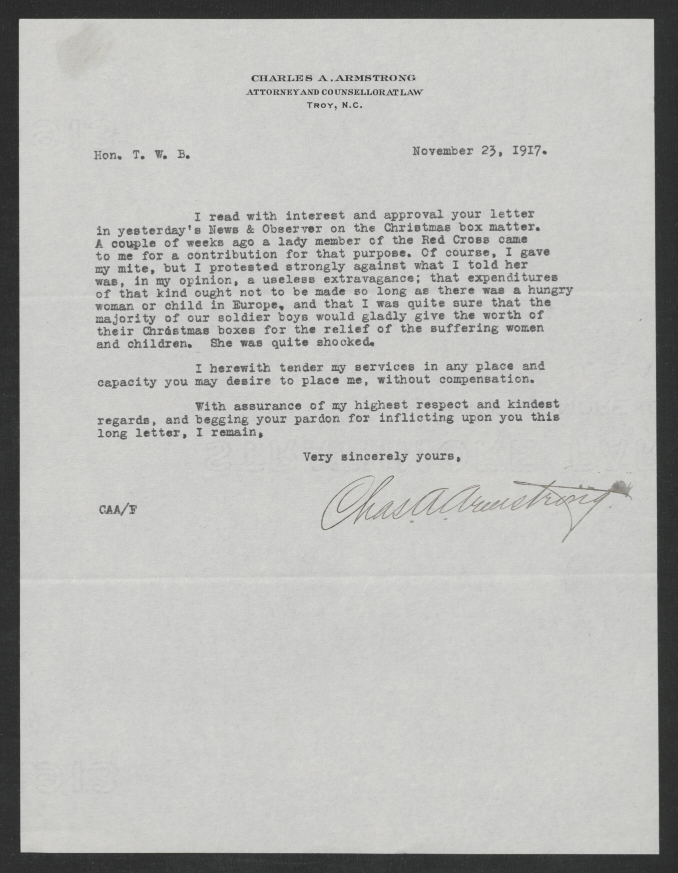 Letter from Charles A. Armstrong to Thomas W. Bickett, November 23, 1917, page 2