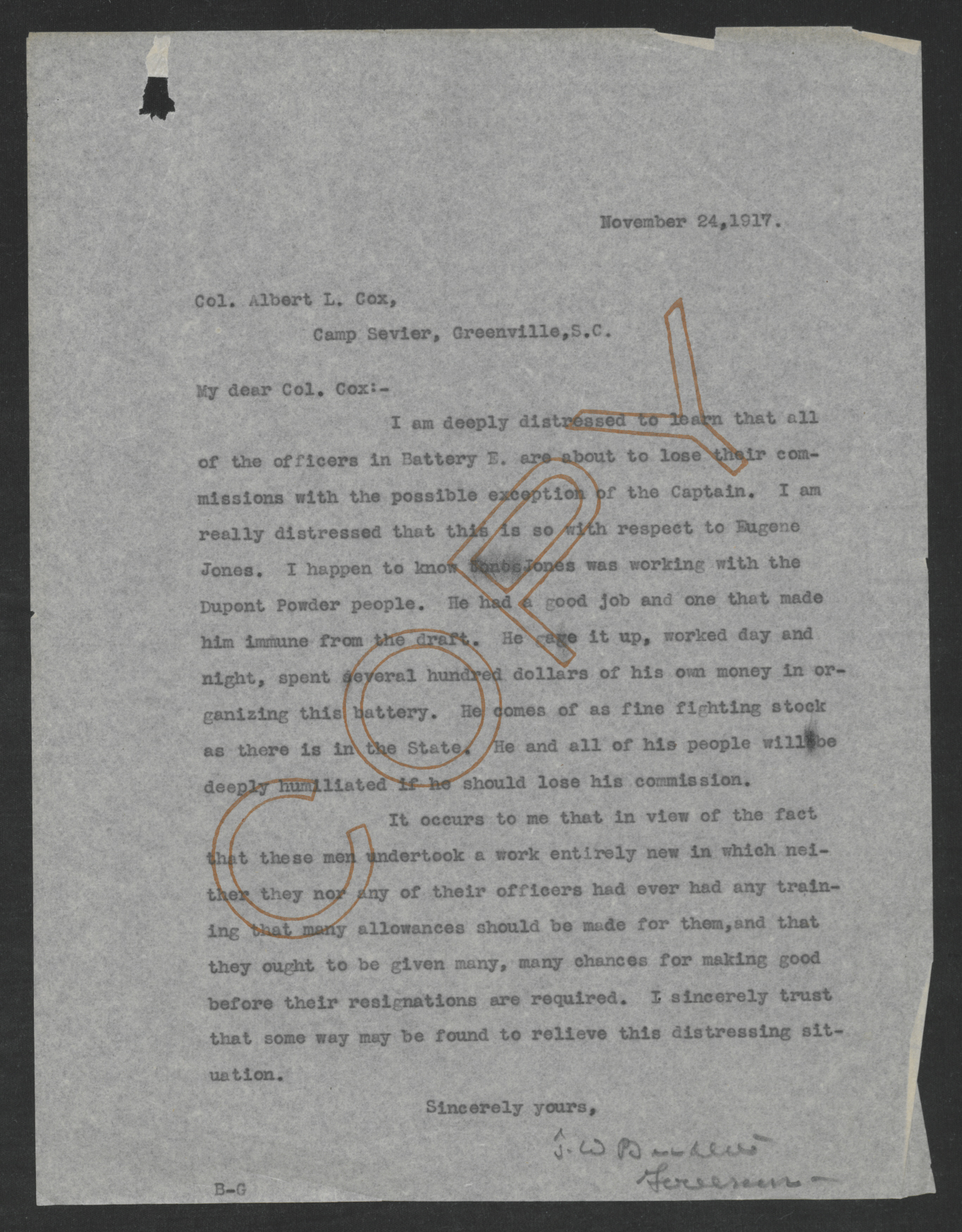 Letter from Thomas W. Bickett to Albert L. Cox, November 24, 1917