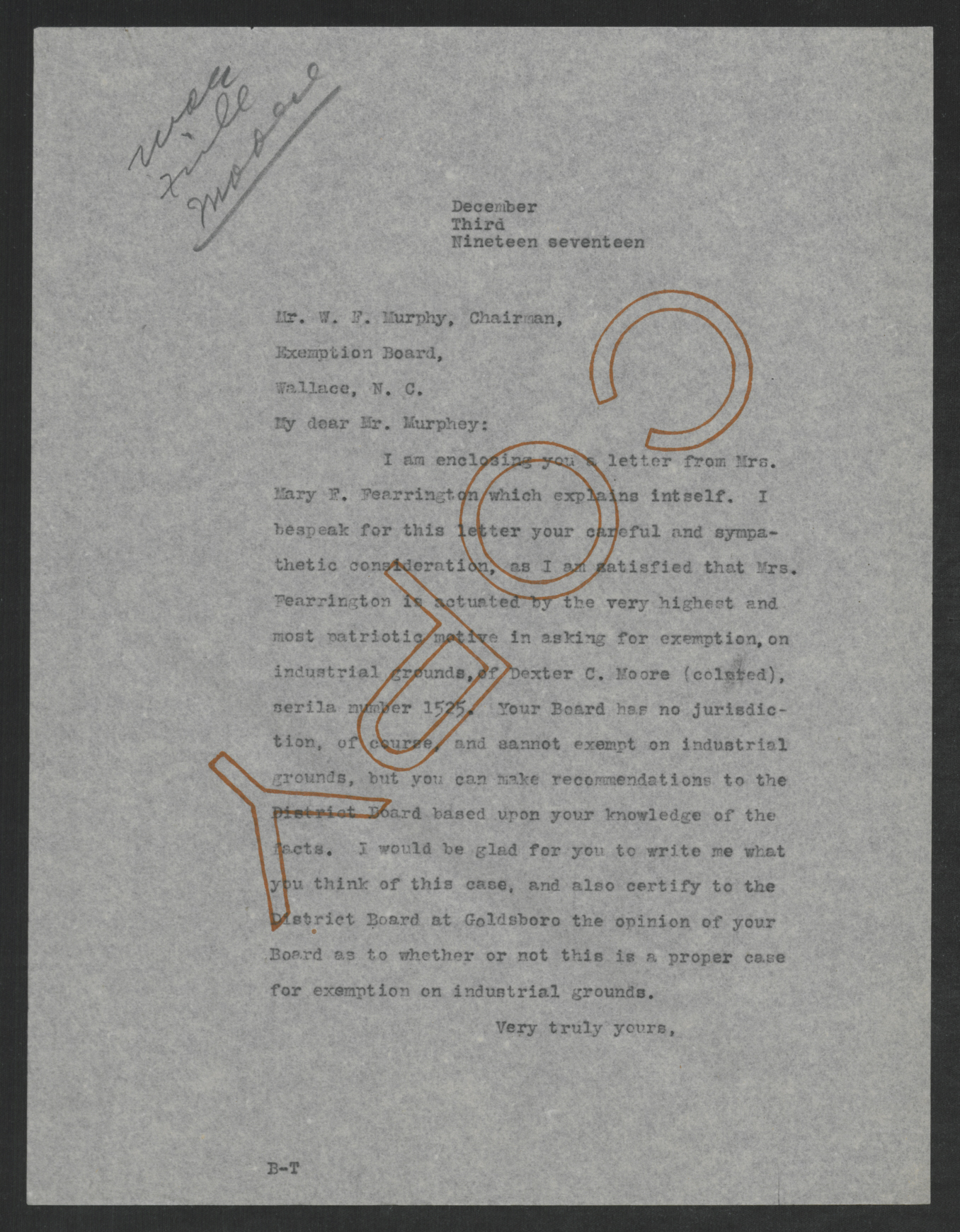 Letter from Thomas W. Bickett to William F. Murphy, December 3, 1917