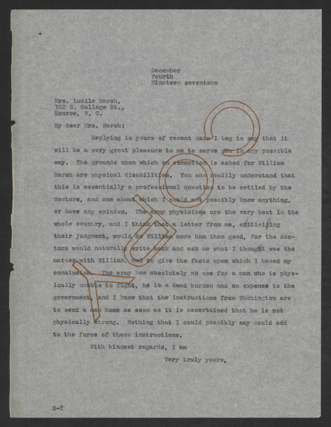 Letter from Thomas W. Bickett to Lucile Marsh, December 4, 1917