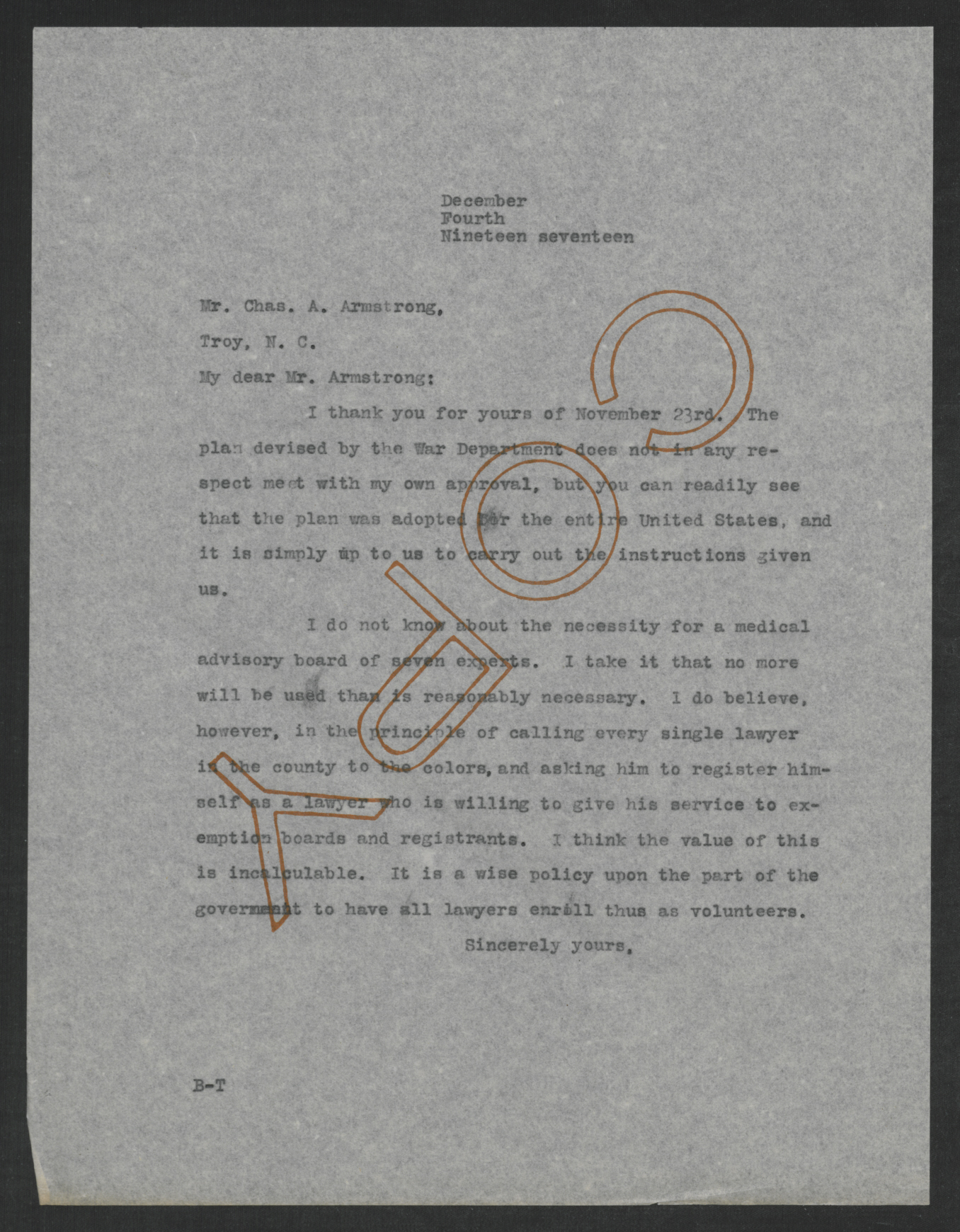 Letter from Thomas W. Bickett to Charles A. Armstrong, December 4, 1917