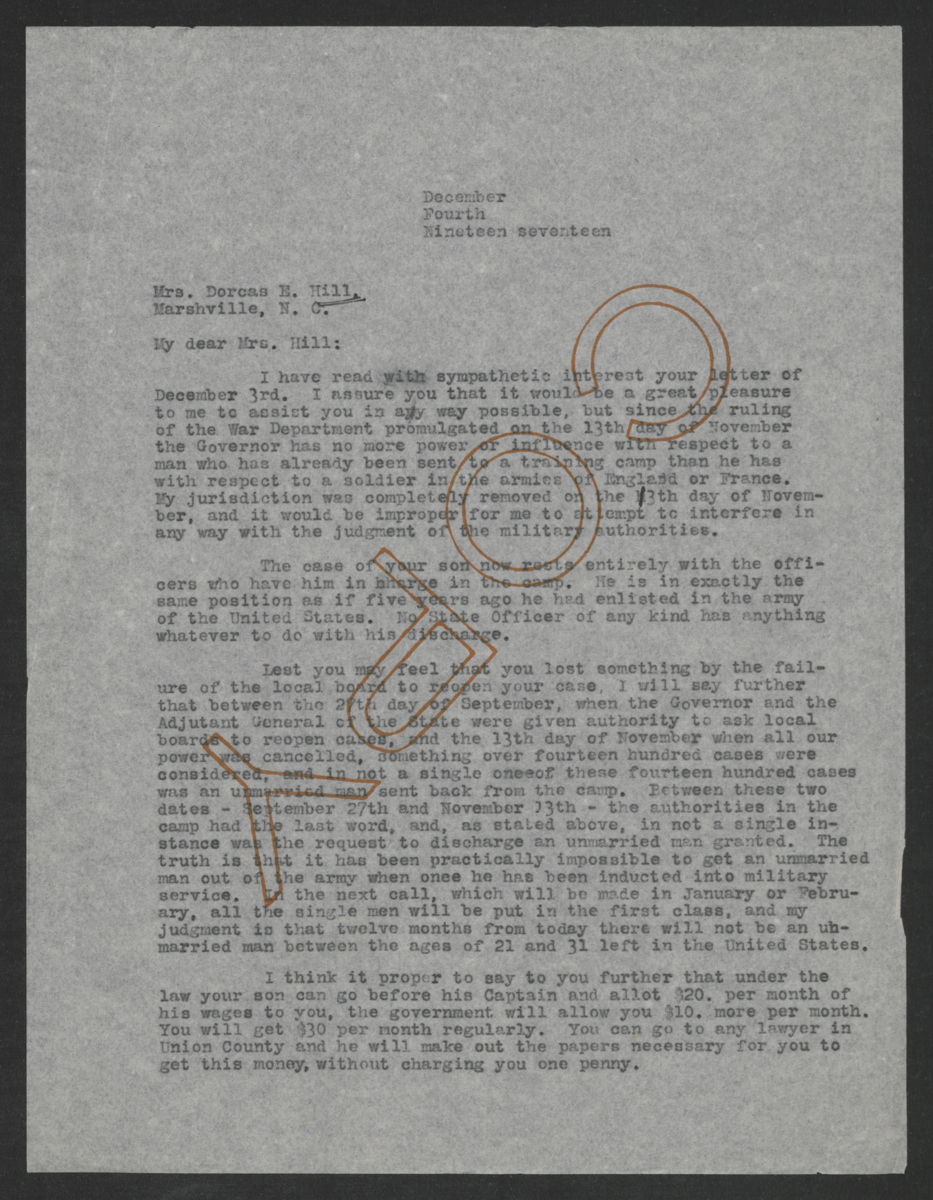 Letter from Thomas W. Bickett to Dorcas E. Hill, December 4, 1917, page 1