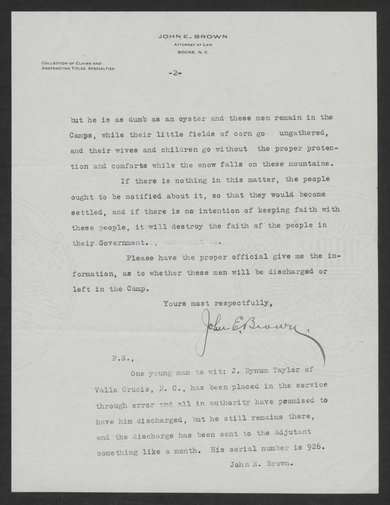 Letter from John E. Brown to Thomas W. Bickett, December 7, 1917, page 2