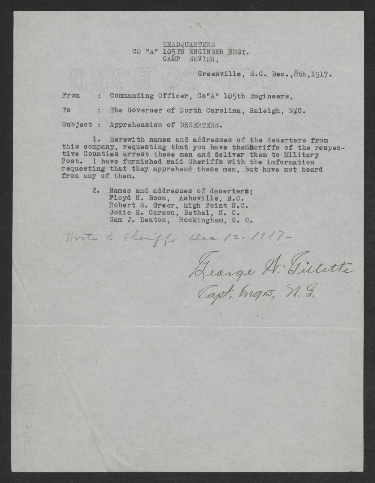 Letter from George W. Gillette to Thomas W. Bickett, December 8, 1917