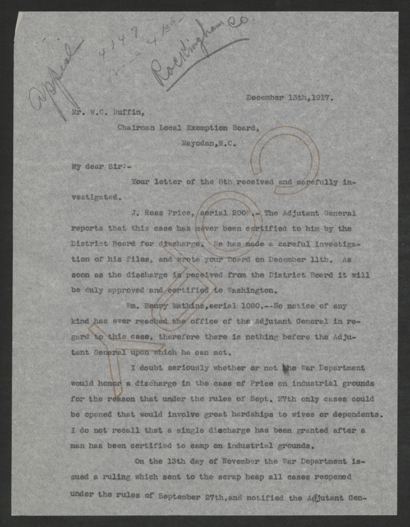 Letter from Thomas W. Bickett to William C. Ruffin, December 13, 1917, page 1