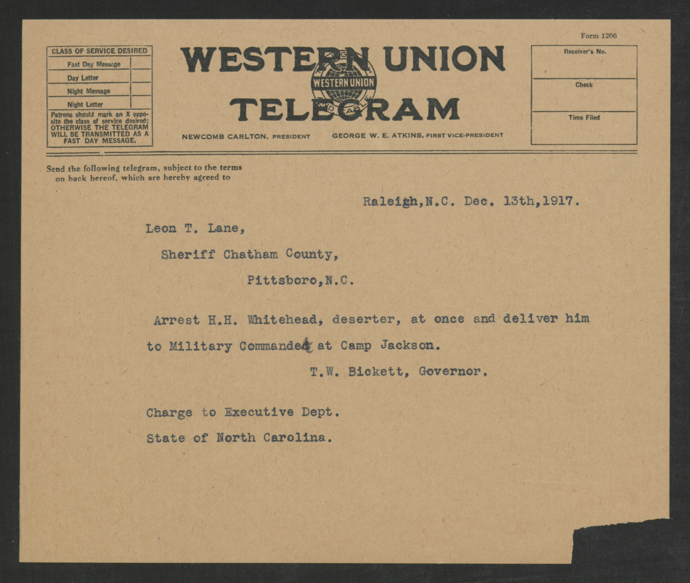 Telegram from Thomas W. Bickett to Leon T. Lane, December 13, 1917
