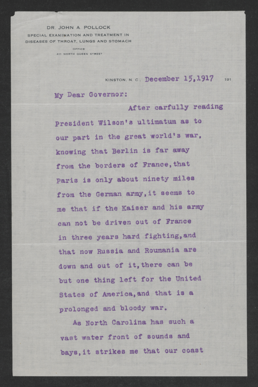 Letter from John A. Pollock to Thomas W. Bickett, December 15, 1917, page 1