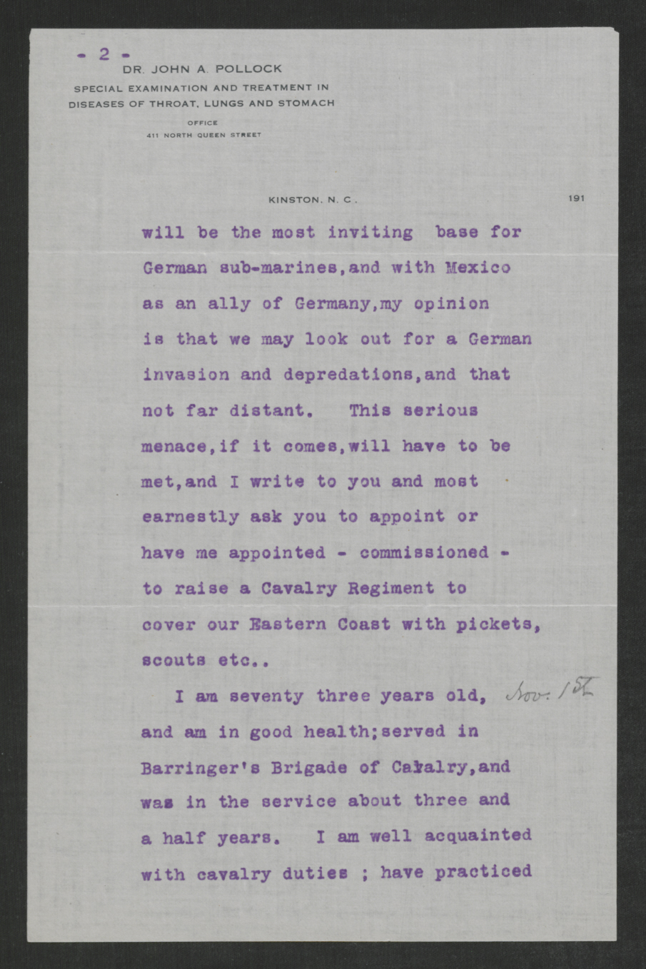 Letter from John A. Pollock to Thomas W. Bickett, December 15, 1917, page 2