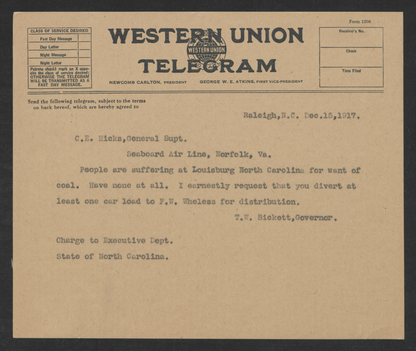 Telegram from Thomas W. Bickett to Charles E. Hix, December 15, 1917
