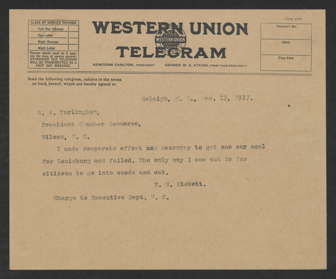 Telegram from Thomas W. Bickett to O. A. Turlington, December 17, 1917