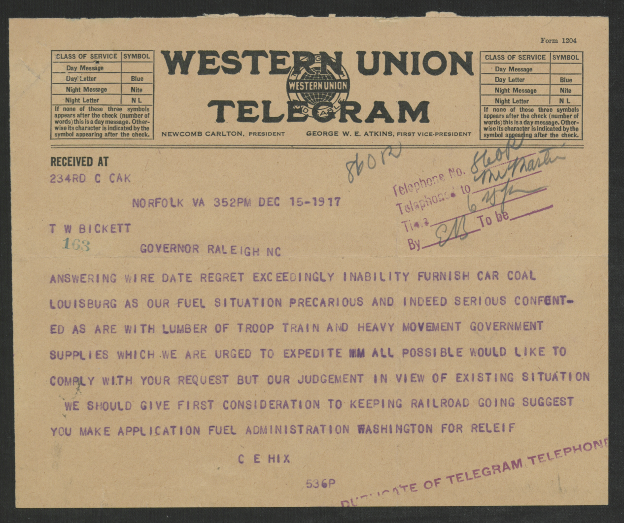 Telegram from Clarence E. Hix to Thomas W. Bickett, December 15, 1917
