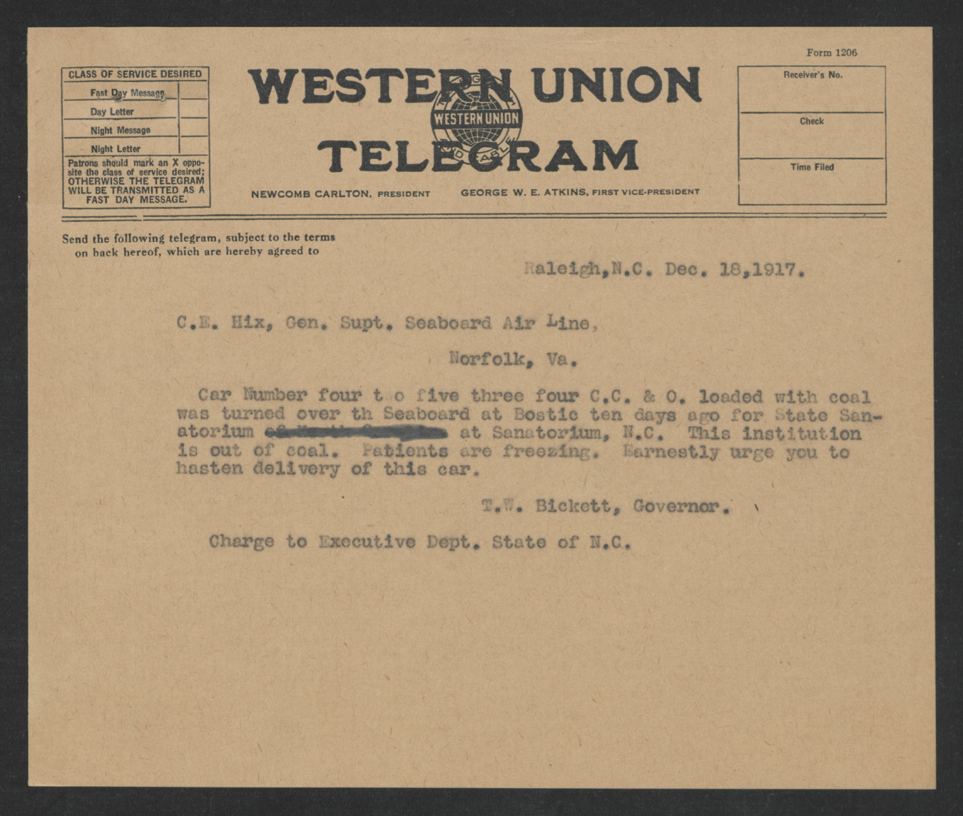 Telegram from Thomas W. Bickett to Clarence E. Hix, December 18, 1917