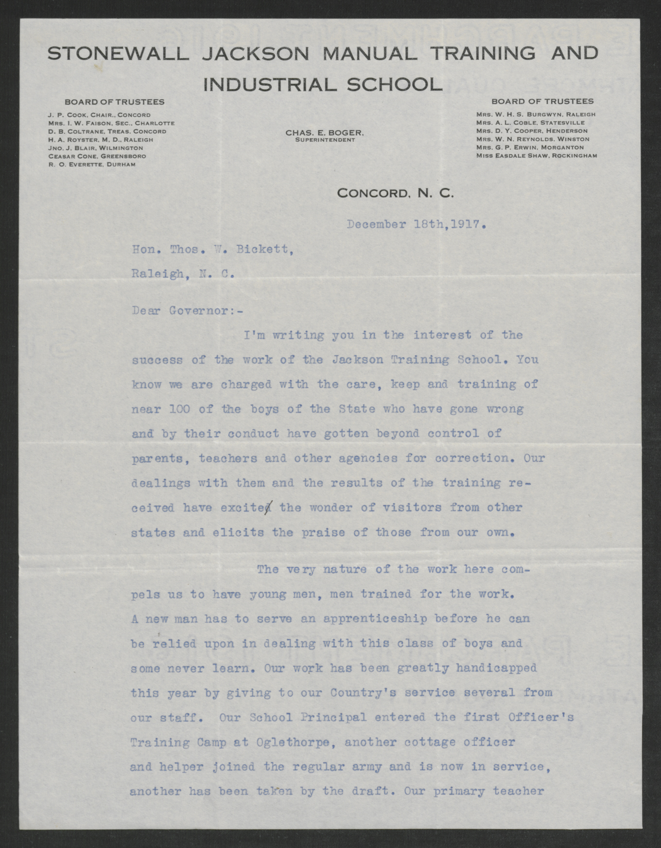 Letter from Charles E. Boger to Thomas W. Bickett, December 18, 1917, page 1