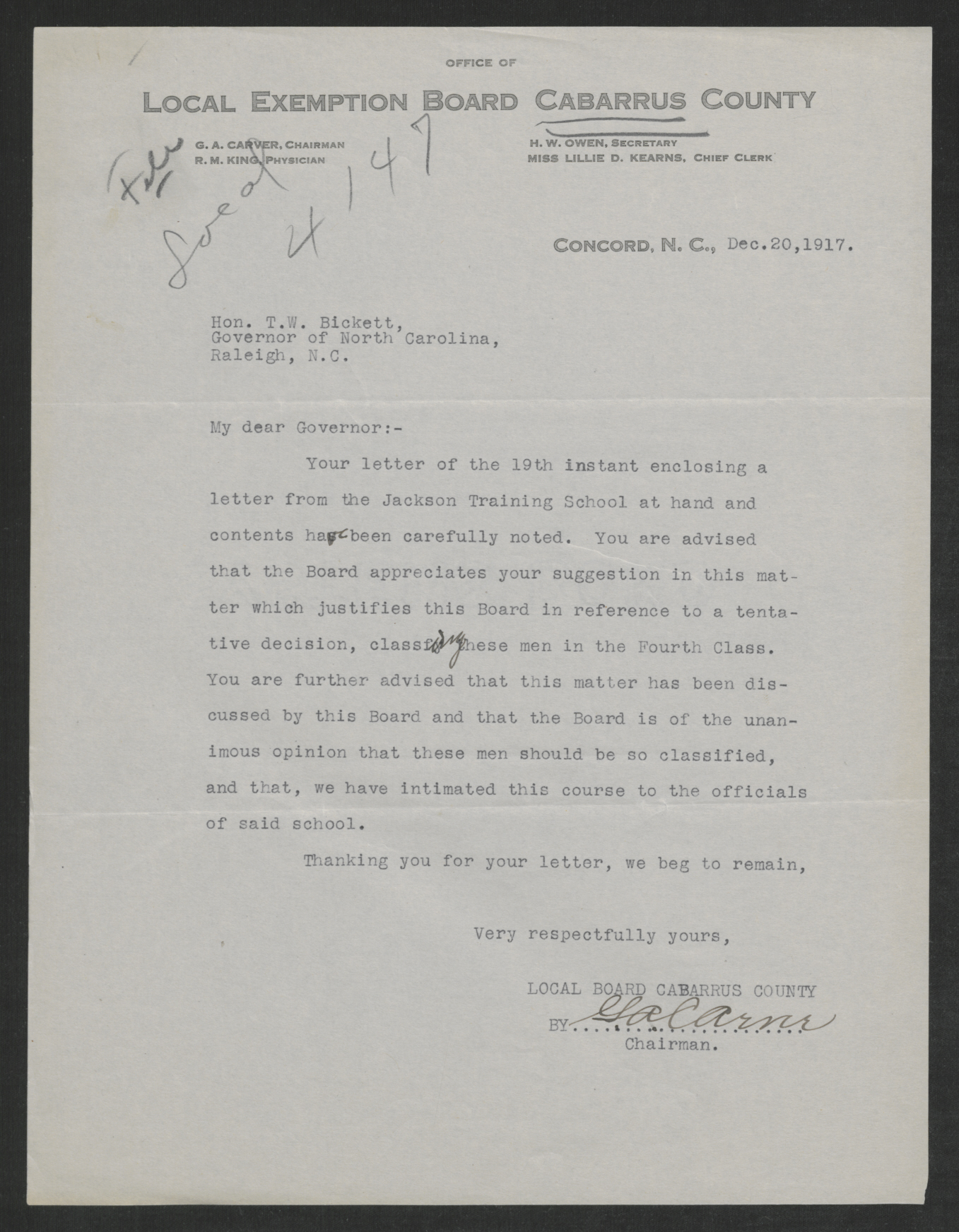 Letter from Gordon A. Carver to Thomas W. Bickett, December 20, 1917